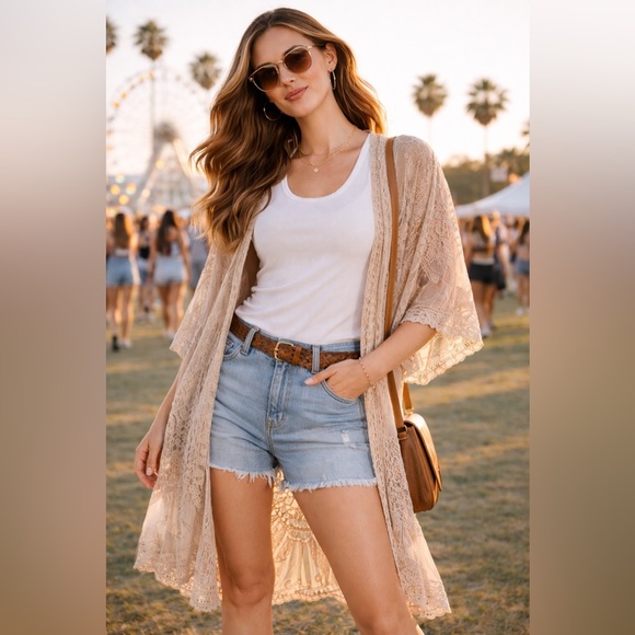 Rebellion Dresses & Skirts - Beige Lace Kimono Duster Sheer Boho Cover Up Lightweight